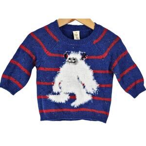 TUCKER + TATE BLUE RED STRIPED KNIT STITCHED ON YETI SWEATER, BABY BOY'S SIZE 6M